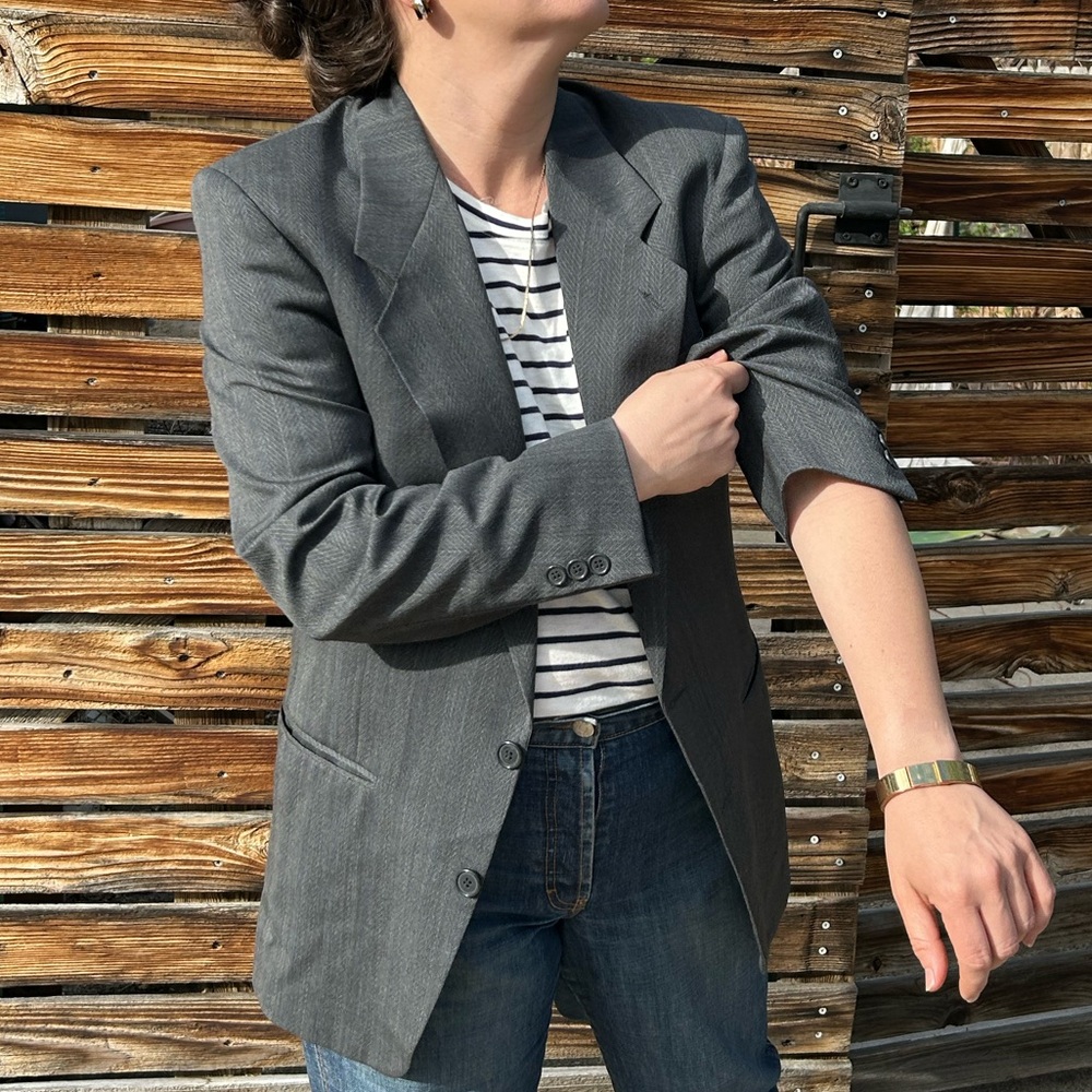 SAINT LAURENT Vintage Virgin Wool CHARCOAL Blazer in Herringbone Pattern SZ: M